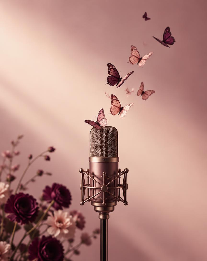 Butterflies rising from a rose-gold studio microphone